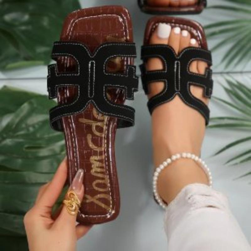 Fairy wind flat-bottomed cool slippers female new large size H leather one-word slippers summer wear beach sandals