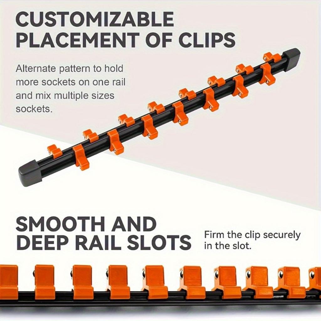 Kit de 3 șine organizatoare pentru chei tubulare portocalii, pentru chei tubulare de 3/8" 1/4" 1/2", șină suport pentru chei tubulare, suport pentru chei tubulare portocalii, șină pentru scule cu tavă glisantă montabilă