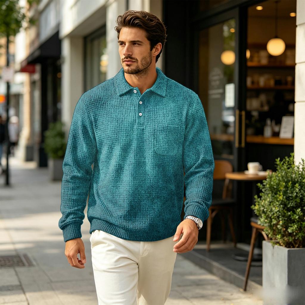 Men's Fall Casual Outdoor Knit Pullover Long Sleeve Top with Collar and Pocket, Printed