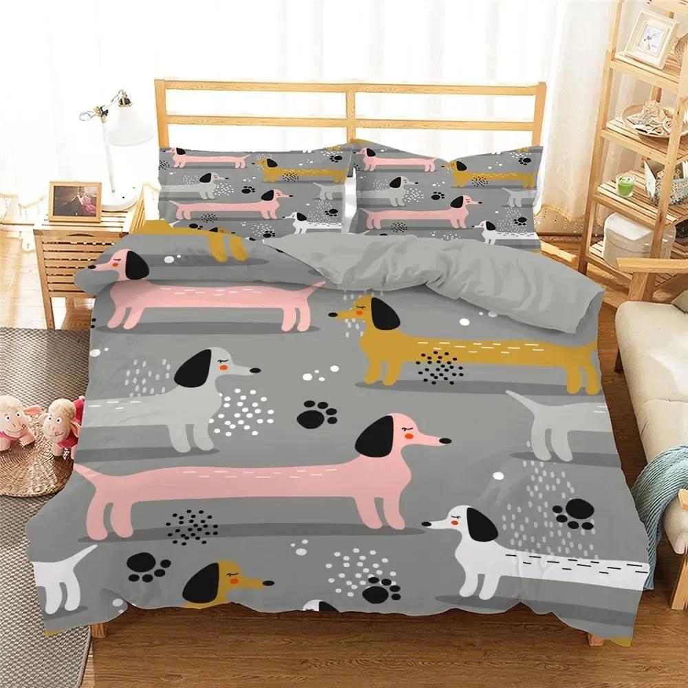 Cute Dachshund Sausage Dog Cartoon Puppy Animal 3D Duvet Cover Bedding Set Comforter Linen Pillowcases  Double Twin King Queen