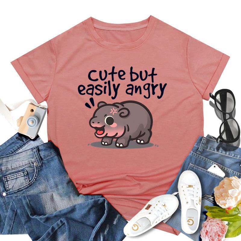 Podskakująca Świnia Moo Deng Nadrukowany Top Modny Pulower Casualowy Wszechstronny T-shirt Damski