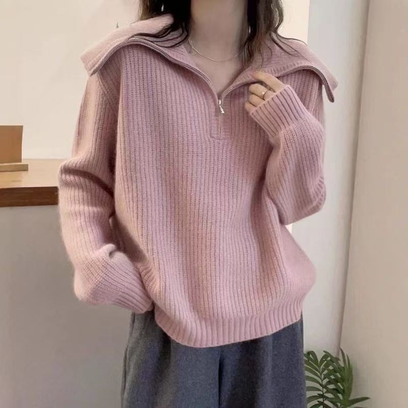 Harajuku Solid Color Polo Neck Zipper Women's Sweater Autumn Winter Casual Loose Knitted Sweaters Tops Women Thicken Pullover