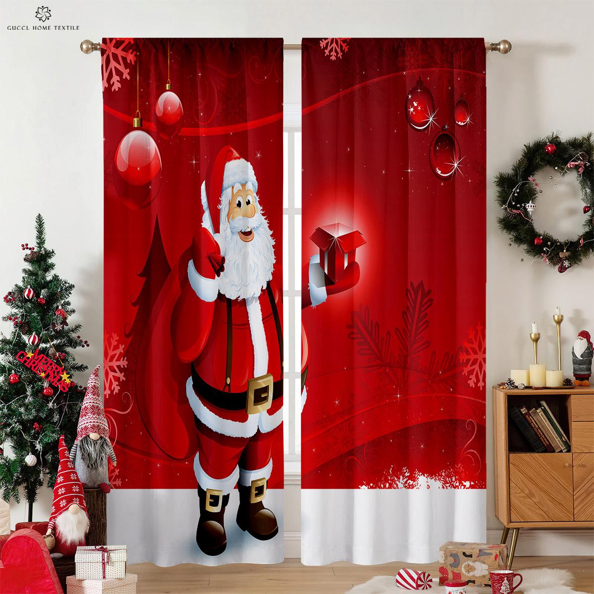 

Christmas Curtains Cartoon Festive Atmosphere Printed Bedroom Living Room Restaurant Holiday Decoration Gift Made Of Polyester Great Decor W100*H130(CM)-Hooks&2PCS