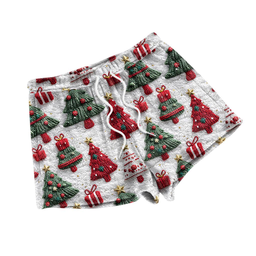 Damen Modische Locker Geschnittene Pyjamashorts Mit Fleece Weihnachtsprint Freizeithose