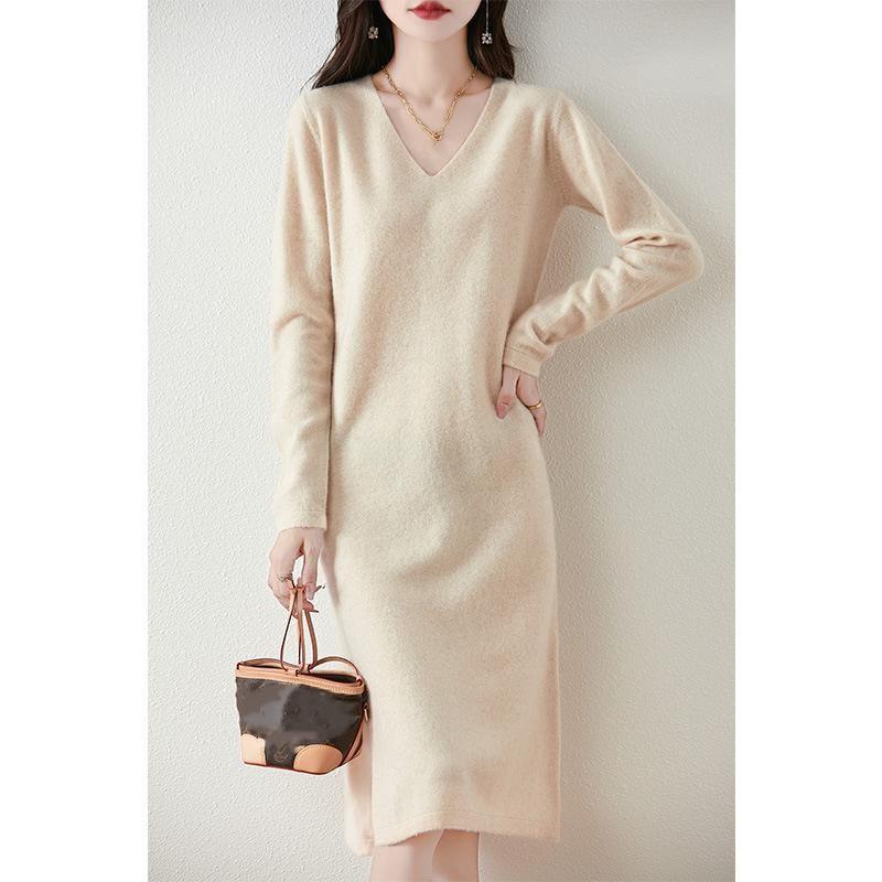 Women's Autumn V-Neck Knit Base Layer Dress Knee-Length Underlayer with Woolen Dress Elegant Slit Skirt