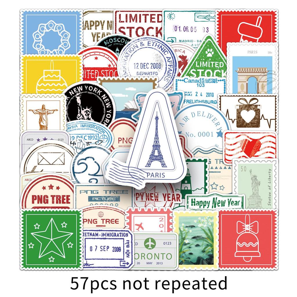 57-Piece Retro Postmark Sticker Set: Cartoon Stamps, Graffiti, Suitcase and Journal Decor.