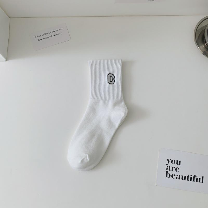 Ladies Lovely Versatile Letter Embroidered Black White Collegiate Wind Tube Cotton Socks