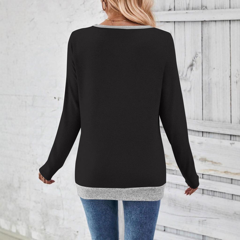 Women's Casual And Comfortable Three-button Color-blocked V-neck Long Sleeve