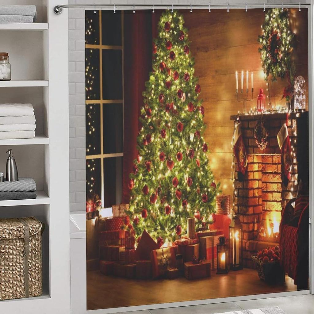 Christmas Shower Curtain,Winter Fireplace Xmas Trees Gifts Printed New Year Waterproof Fabric Bathroom Shower Curtain Set with