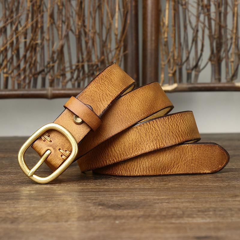 Cintura da Donna Vintage Pieghettata Trendy Pelle Fibbia ad Ardiglione Primo Strato Pelle di Mucca All-Match Cintura per Jeans da Donna