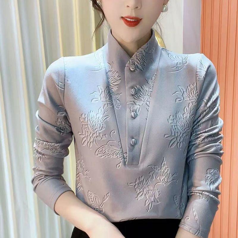 

Стильный и теплый бархатный топ с длинными рукавами и принтом «Трехмерный темперамент» с полувысоким воротом для женщин 3XL светло-серый