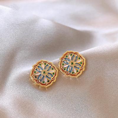 Oil Drop Rhombus Flower Stud Earrings Medieval Vintage Earrings Light Luxury Retro Temperament Earrings