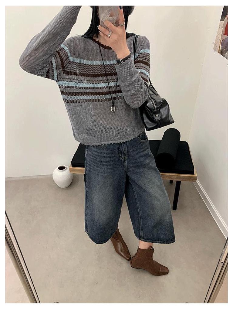 Chic Korean-Style Striped Knit Sweater for Women - 2025 Long Sleeve Hollow Out Top
