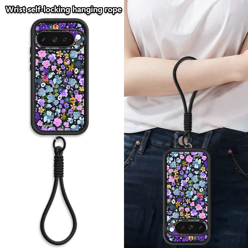 Oil Painting Flower Lanyard Case For Google Pixel 10 Pro XL For Google 9A 9 8 7 Pro 8A 7A Shockproof Bumper Wrist Strap Cover