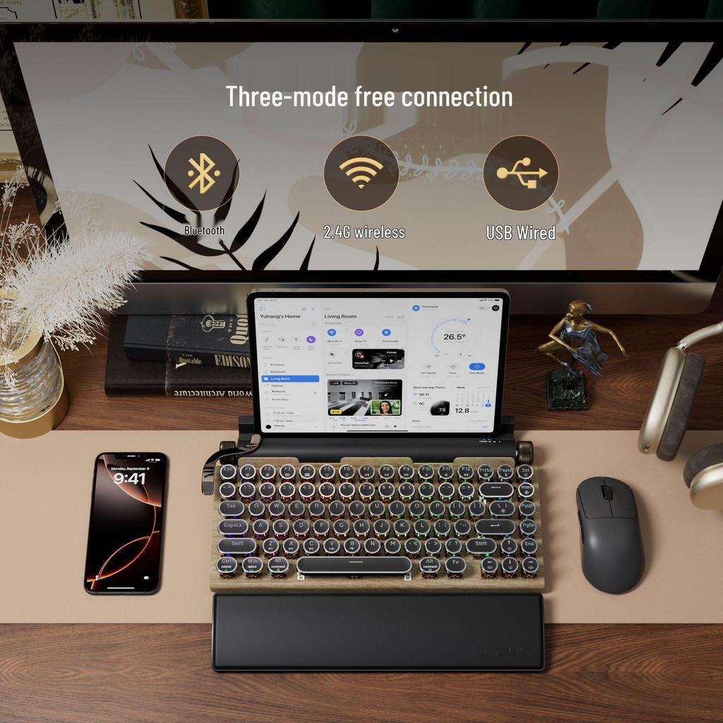 TW1867 Three-Mode Retro Bluetooth Mechanical Keyboard with Hot-Swappable Linear Switches and RGB Lighting
