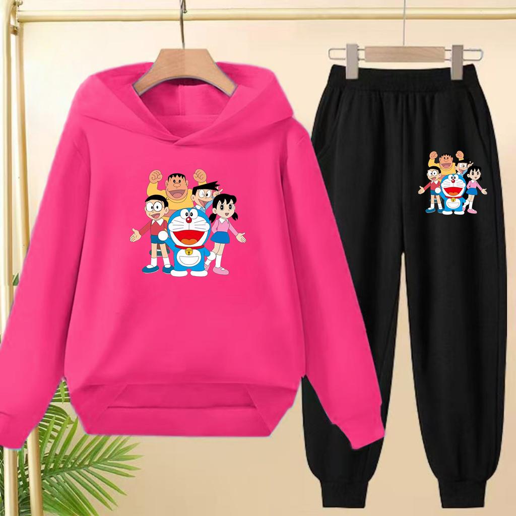 Doraemon Winter Warm Children's Hoodie Set, Casual Sporty Hooded Long Shirt and Long Pants Suitable for Boys Girls Aged 3 To 12