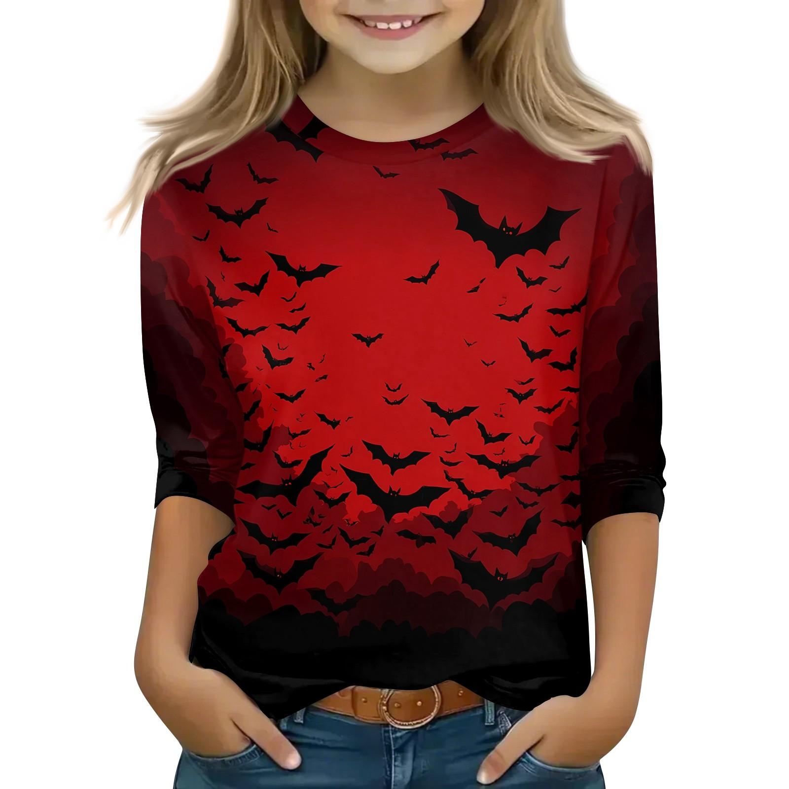 

Детские топы с рукавом 3/4, повседневная футболка с принтом на Хэллоуин, пуловер-блузка с круглым вырезом 160 винный