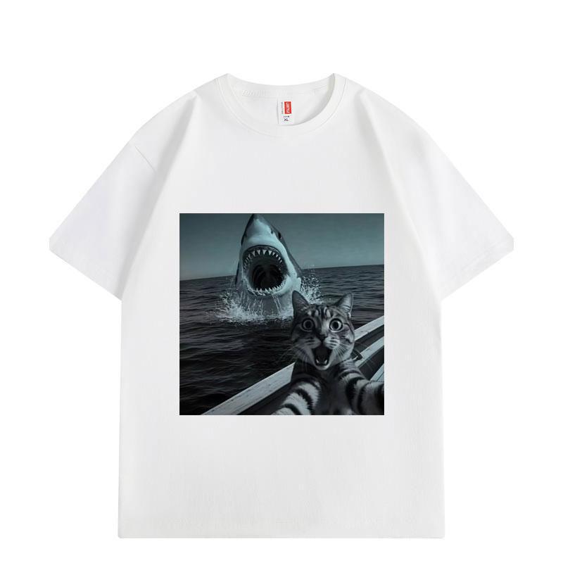 Selfie Chat avec Requin T-shirts Graphiques Drôles Hommes Femmes Mode Vintage Manches Courtes T-shirts Été Lâche Coton T-shirt