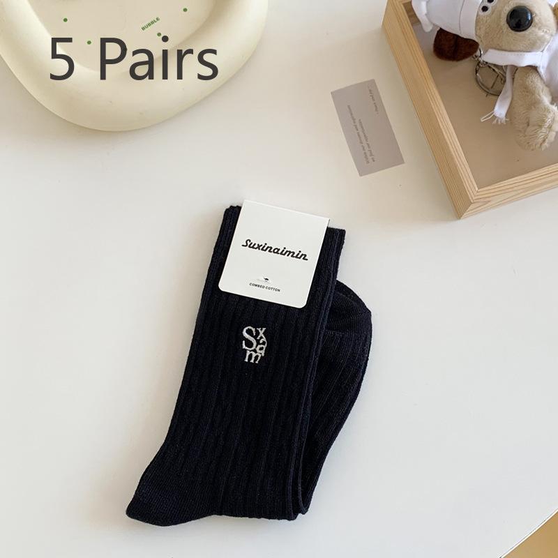 5 Pairs of Small Fresh Female Twist Letter Embroidery In The Tube Stack Socks