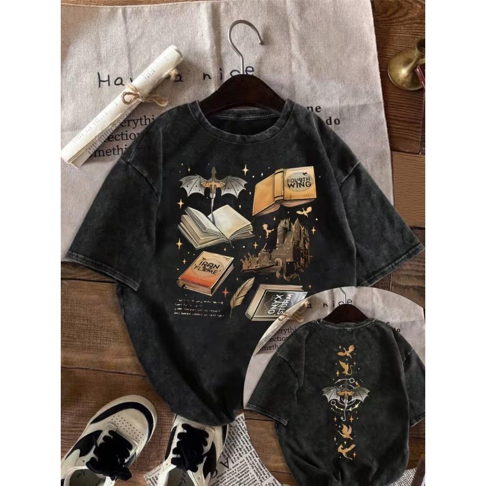 Vintage Washed Black T-shirt Women Men Summer Loose Casual O-neck Short Sleeve Book Bat Magic Retro Tee