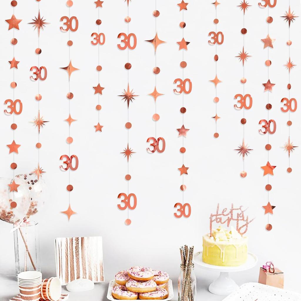 Black 30th Birthday Decorations Number 30 Circle Dot Twinkle Star Garland Metallic Hanging Streamer Bunting Banner Backdrop for Mens Womens Happy