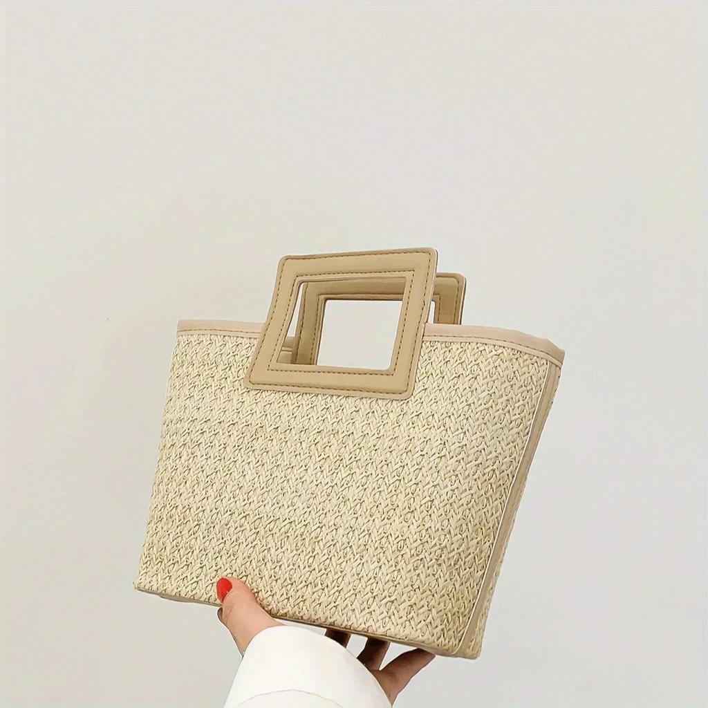 Geantă împletită retro Geantă tote solidă de vară Geantă de mână din paie cu bordură contrastantă