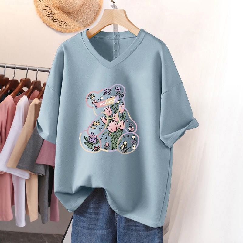 Short-sleeved T-shirt for Women, Large Size, Loose and Slimming, Printed V-neck Top