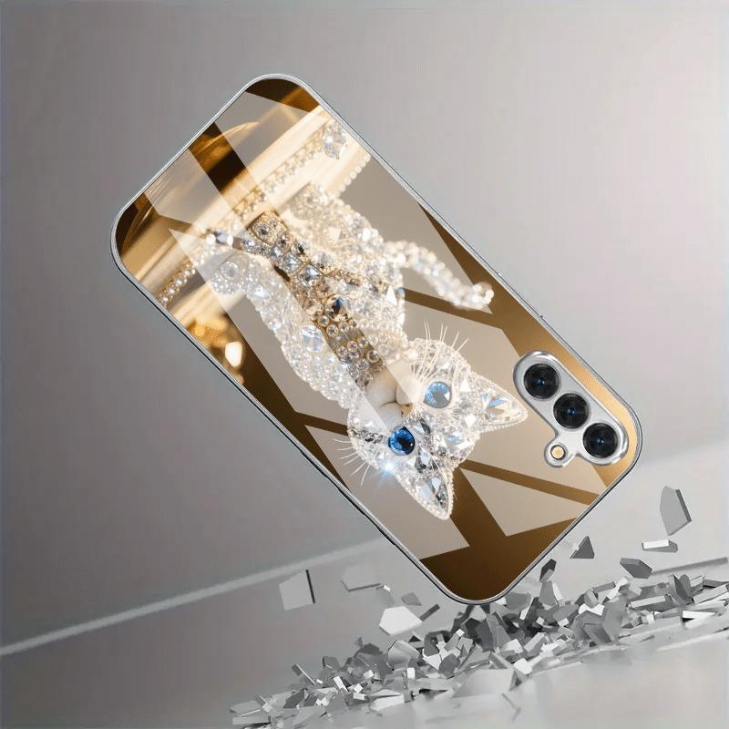 Sparkling Diamond Cute Cat Electroplated Silver Phone Case For Samsung Galaxy S25 S24 S23 Ultra Plus FE Tempered Glass Cover