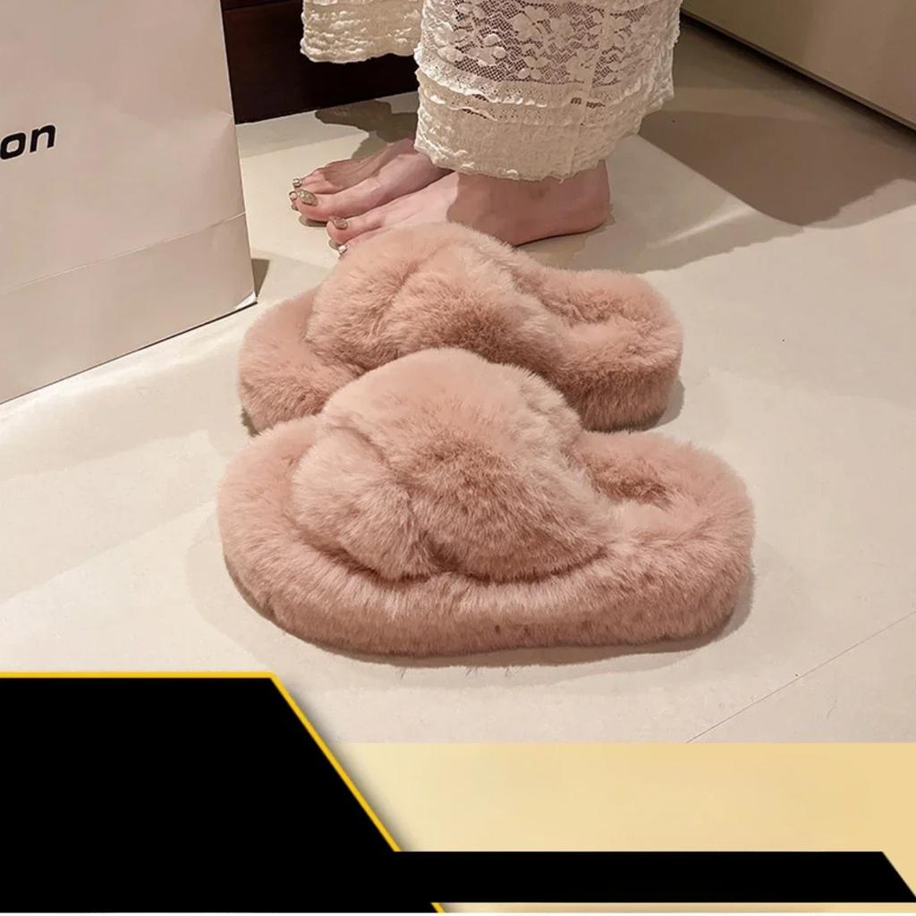 Fashion 2025 Autumn/Winter Candy Color Plush Slippers, Women's Plush Thick Sole Plus Size Cotton Slippers