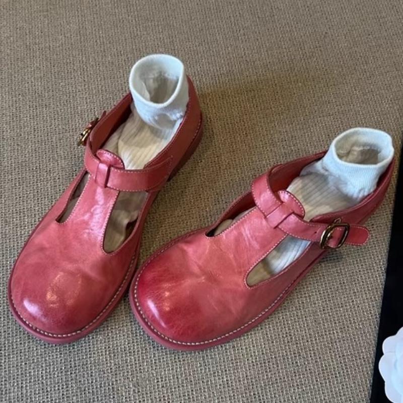 Fashion Vintage Pink T Strap Shallow Mary Jane Shoes Women Fashion Casual Buckle Flat Sandals Comfortable Moccasin Brand Designer Shoes
