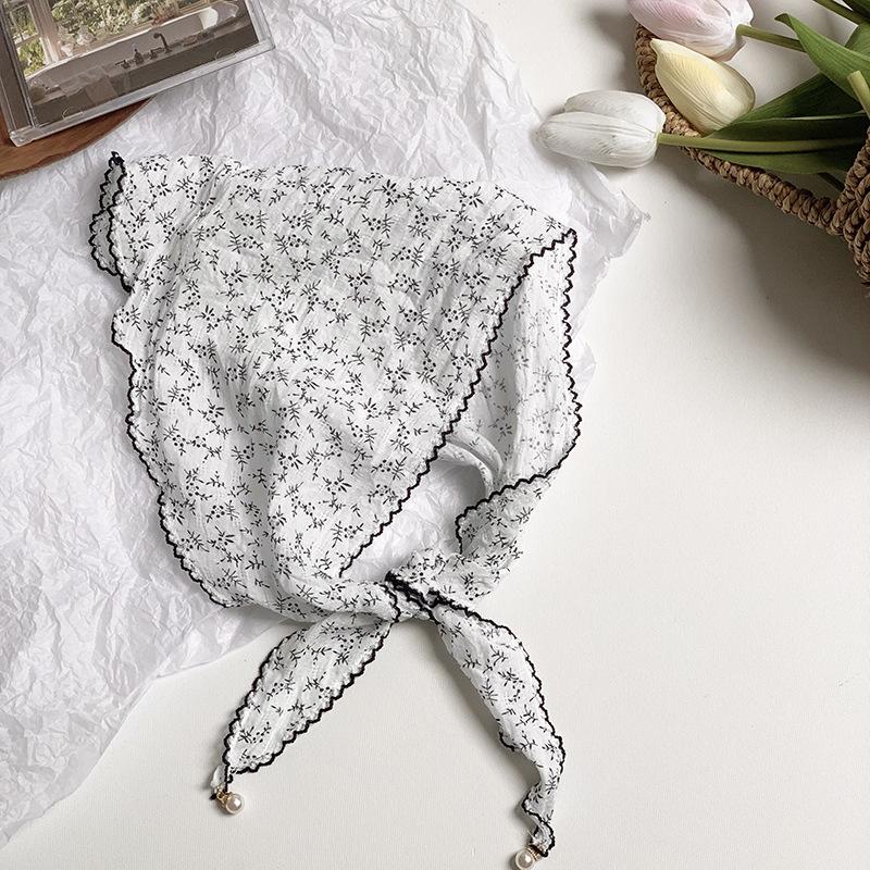 Triangle Scarf Scarf Female Retro Literary Floral Cotton and Linen Neck Protector Decorative Pearl Small Pendant Small Scarf Headband