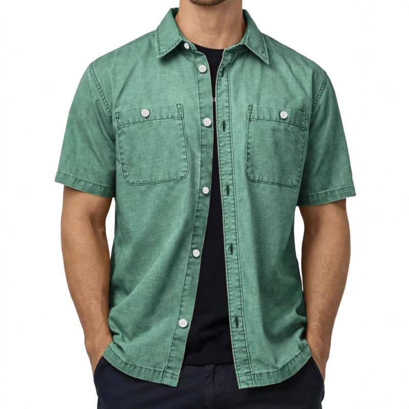 Mens Black Denim Short Sleeve Shirt Turn-down Collar Casual Loose Fit Button Down Top