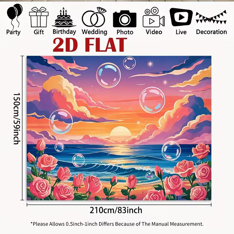 2D Colorful Beach Sunset Backdrop, Ocean Waves, Roses & Bubbles Background