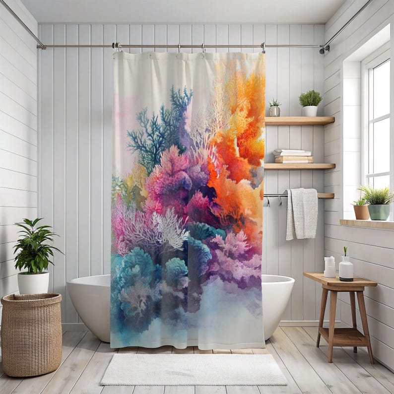 "Watercolor Coral Abstract Shower Curtain - Coastal Decor, Ocean-Inspired, Beach House Aesthetic, Boho Nautical