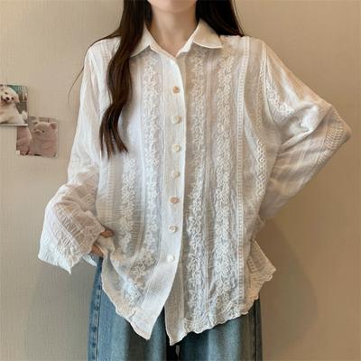 DIMANAF 2024 New Summer Shirt Women Lace Blouse Long Sleeve Basic Fashion Tops Tees Casual Loose White Tees