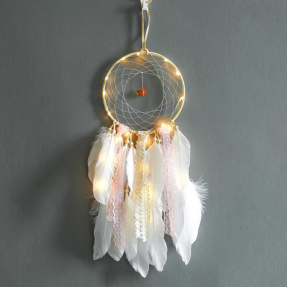 Girl Heart Dream Catcher National Feather Ornaments Lace Ribbons Feathers Wrapped Lights Girls Room Decor Dreamcatcher