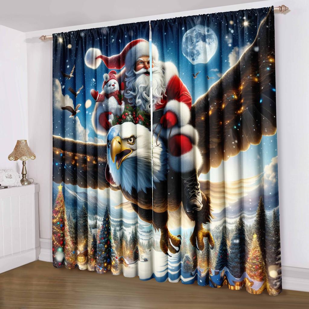 2pcs Set Christmas Reindeer & Santa Claus 3D Printed Curtains Rod Pocket Privacy Drapes for Bedroom Living Room Kitchen Office