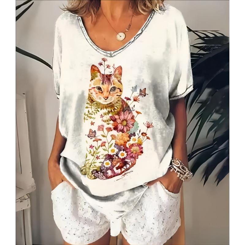 Nadměrné tričko Plus Size pro ženy: 3D rozkošná kočka, výstřih do V, letní módní streetwear, prodyšné, ležérní