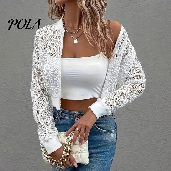 Lace Cutout Sleeves Jacket Women's Floral Jacket, Sexy See Through Long Lightweight Women Sleeve Crop Coat, Zip-Up Sheer Outerwear Spring for