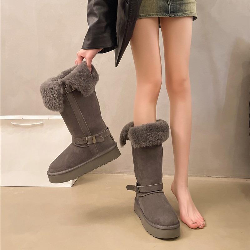 Plus Size Women's Boots Winter New Round Toe Sleeve Metal Buckle Platform Fleece Fur Non-slip Snow Boots