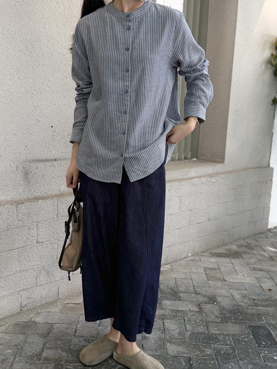 

PLUS Sotomachi Mandarin Collar Double-Layer Cotton Gauze Long Sleeve Shirt - Soft, Versatile All-Cotton Button-Down Top M (50-55kg)