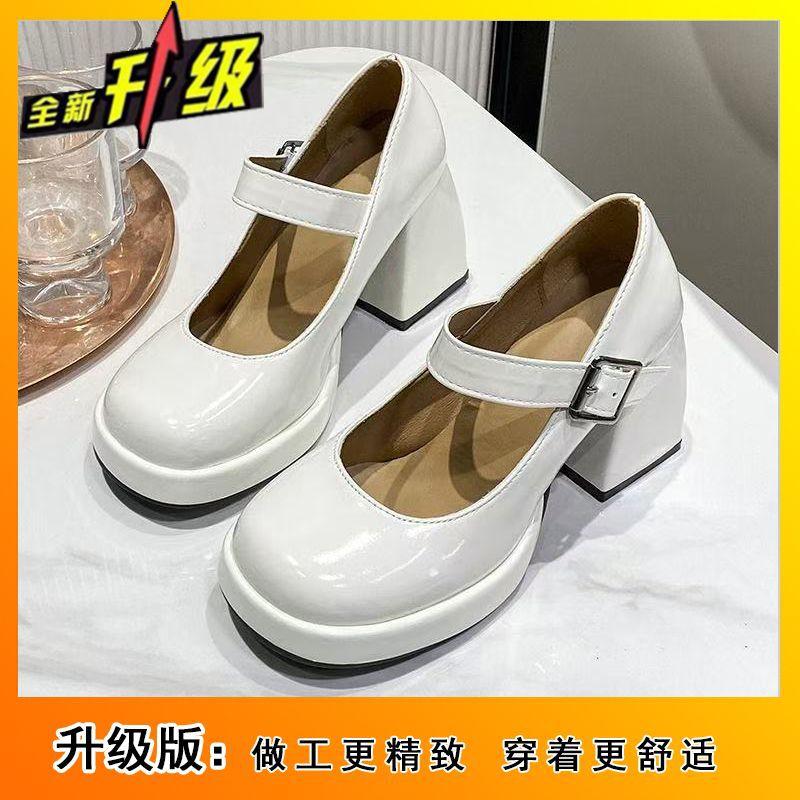 

Thick heel Mary Jane shoes 2025 spring French light mouth pearl fairy style one-word buckle high heels 42