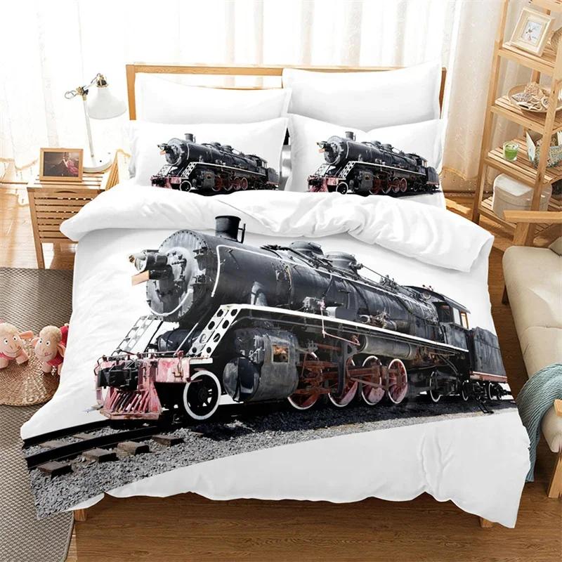 Comforter Steam Engine King Queen Microfiber Vintage Locomotive In Countryside Scenery Green Grass Train Pattern Bedding Set