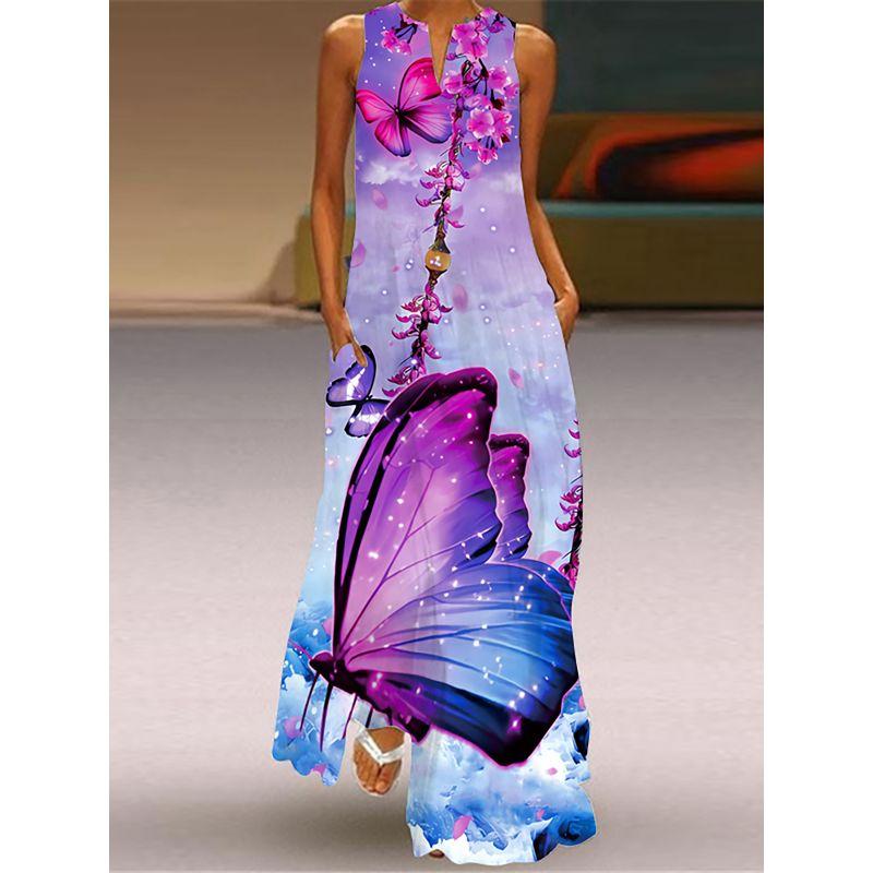 Butterfly Pattern 3D Printed V-neck Sleeveless Dress Stage Show Women's Clothing Travel Photo Vacation Style Beach Dress