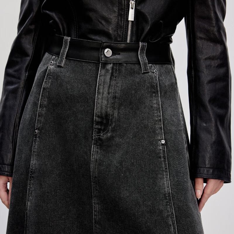 Only 2025 Autumn Leather Patchwork Denim A-Line Skirt