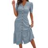 Women's Button Down Ruched Long Dress Casual Short Sleeve V-Neck Maxi Dress Summer Beach A-Line Swing Sundress