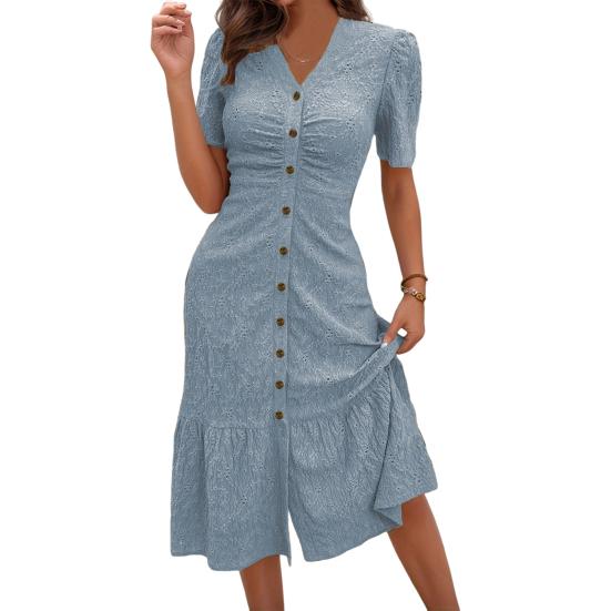 Women's Button Down Ruched Long Dress Casual Short Sleeve V-Neck Maxi Dress Summer Beach A-Line Swing Sundress