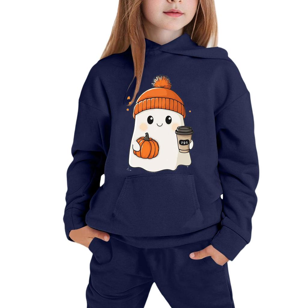 Kids Hoodie Sweatshirt Halloween Ghost Print Pullover Long Sleeve Hooded Top for Boys Girls Soft Comfortable Casual Wear