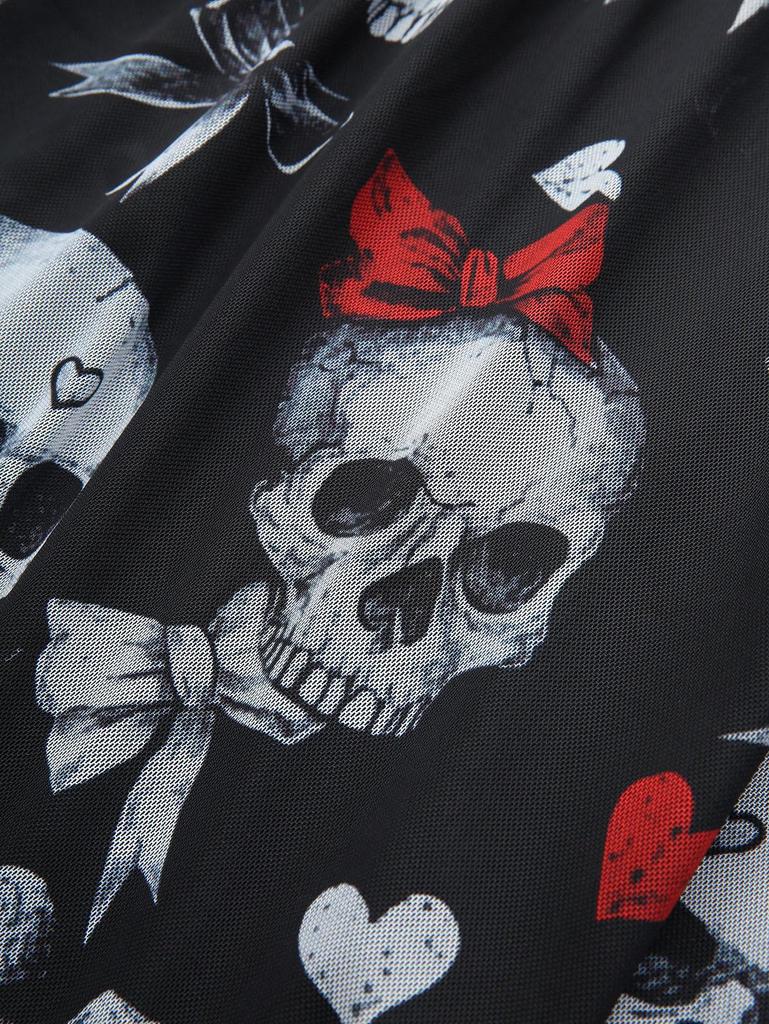 Rosegal Übergröße Totenkopf Schleife Herz Bedruckt Mesh Schnürung Glockenärmel Zipfeltop