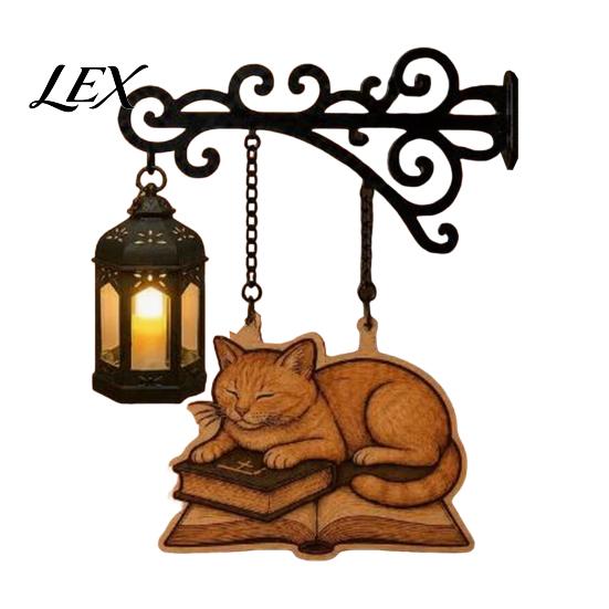 Bookworm Office Accessory Vintage Bookshelf Light with Cat Sleeping On Book Design, Retro Lantern Small Indoor Accent Lamp for Reading, Decorative LED